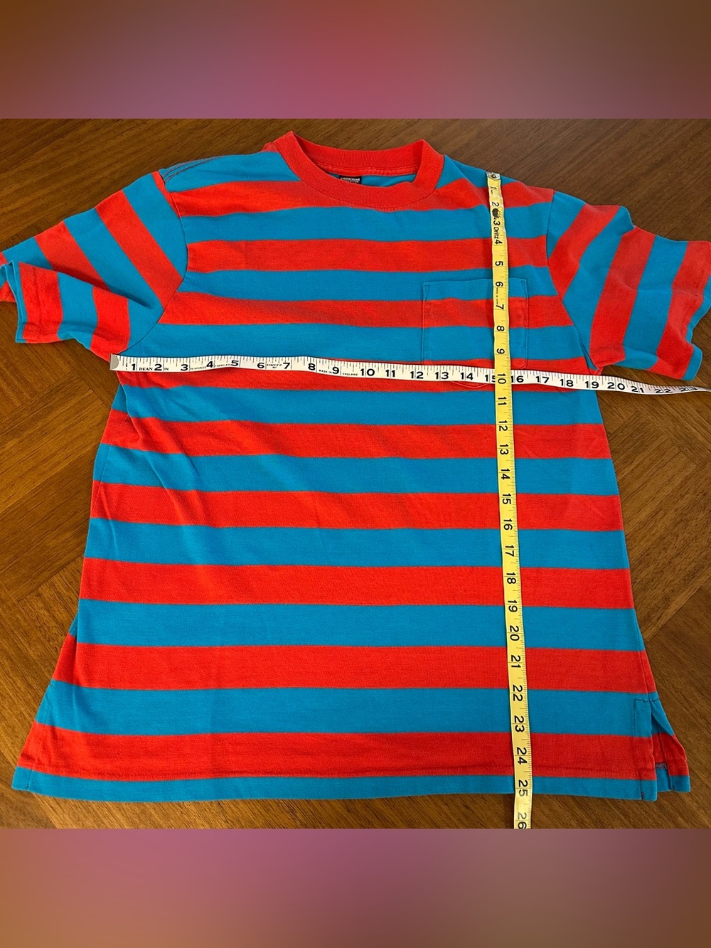 Vintage Lands End 100% Cotton Striped T Shirt Red & Teal Blue - Picture 6 of 6